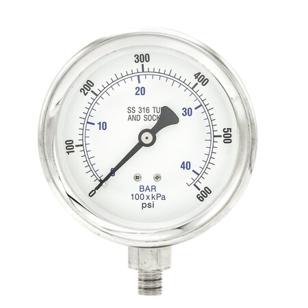 Pic Gauges 4 in Dial, 1/4 in NPT Male Lower Location, Stainless Steel Case Material PRO-301D-404K-01